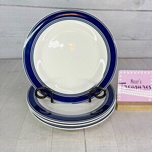 Mainstays CASUAL BANDED COBALT BLUE Rings Stoneware White Dinner Plates Set of 4